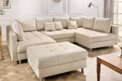 XXL Wohnlandschaft KENT 305cm champagner beige Vogue Velours Samt Federkern mit Hocker