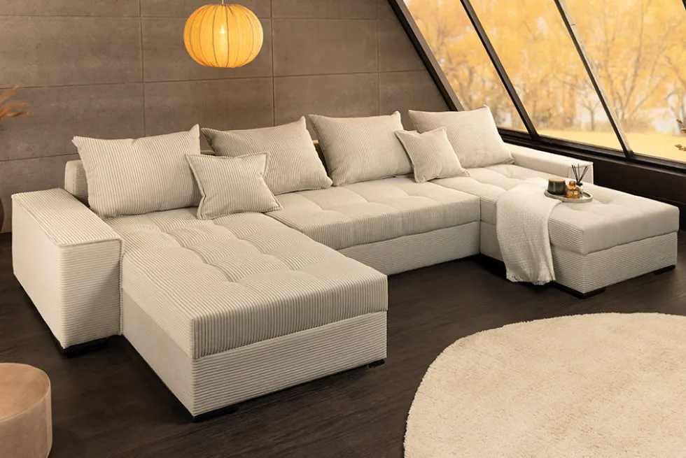 XXL Wohnlandschaft LODGE 315cm champagner beige Cord Sofa mit Schlaffunktion