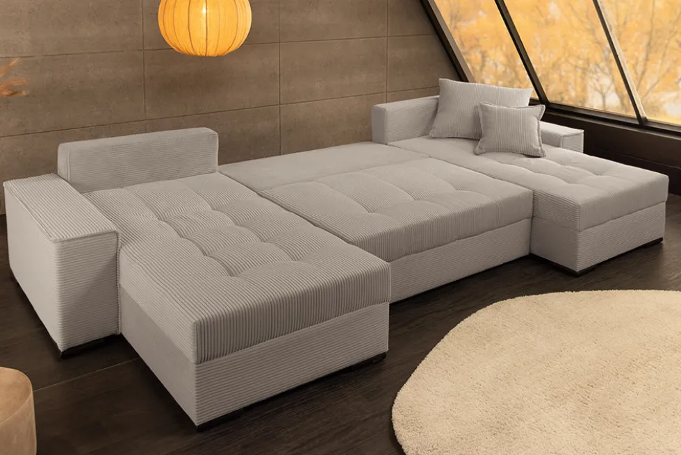 XXL Wohnlandschaft LODGE 315cm greige Cord Sofa mit Schlaffunktion und Stauraum