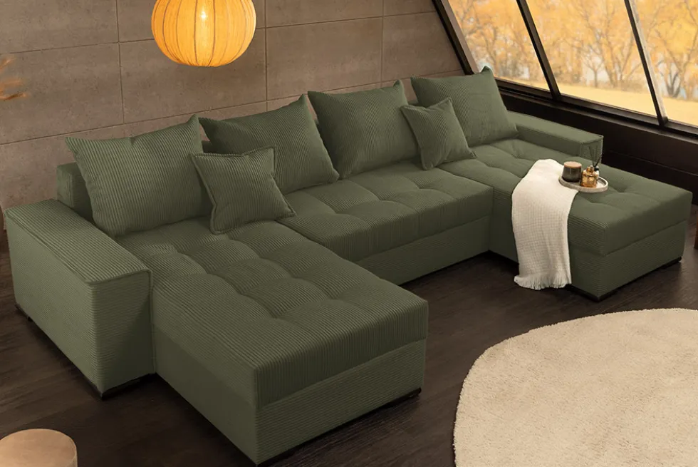 XXL Wohnlandschaft LODGE 315cm grün Cord Sofa mit Schlaffunktion und Stauraum